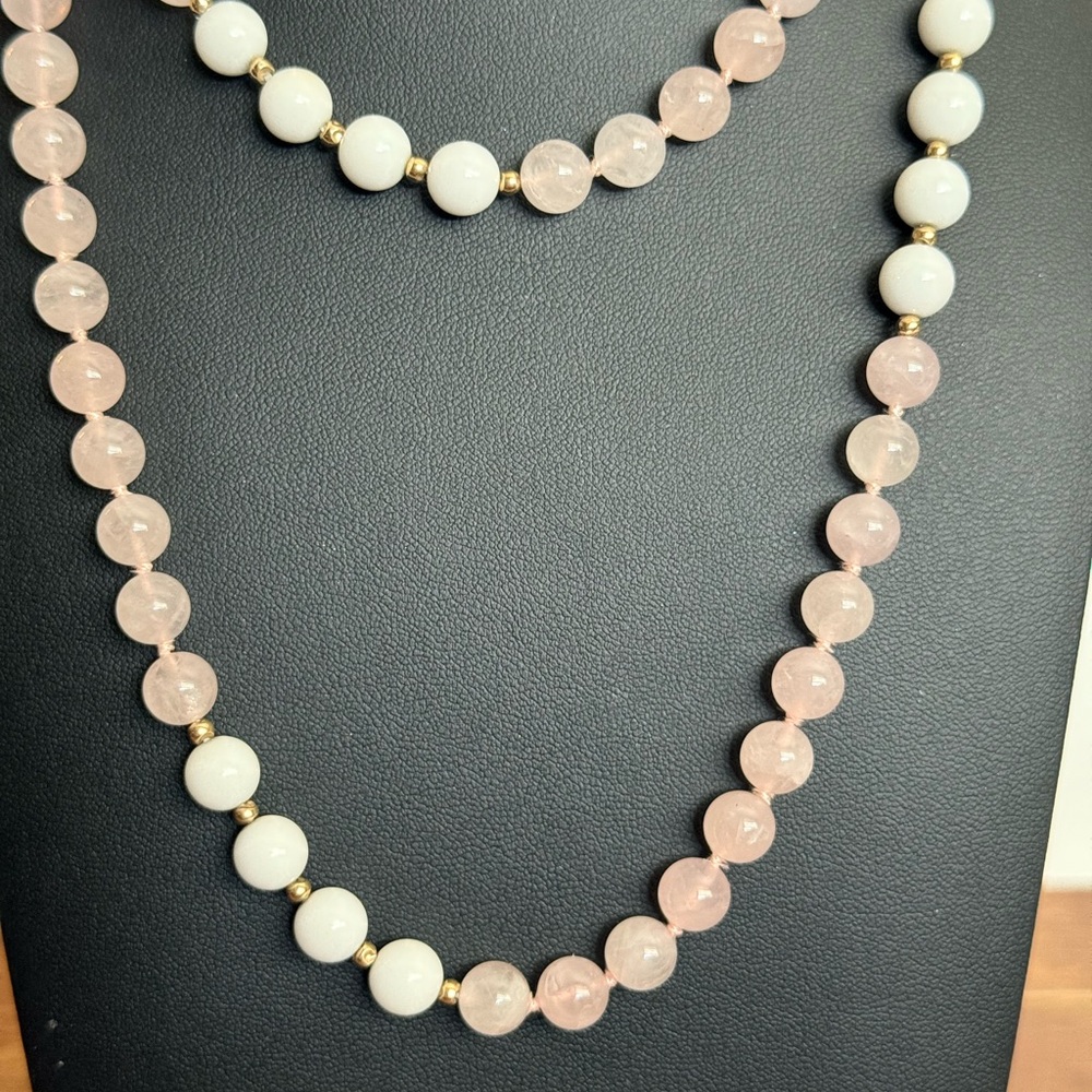 Rose Quartz and White Milk Glass Necklace - Picture 6 of 10